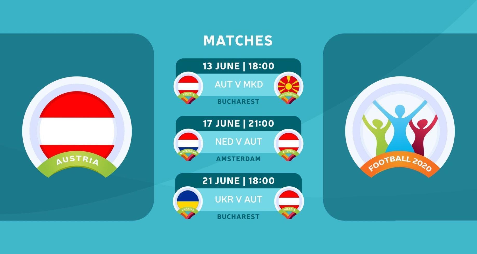 Austria national team Schedule matches in the final stage at the 2020 Football Championship. Vector illustration with the official gravel of football 2020 matches.