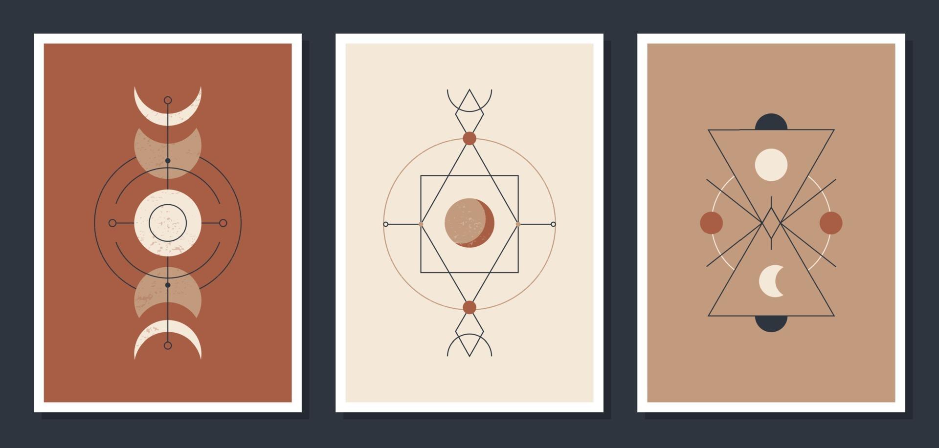 A set of minimalistic posters with celestial bodies. Posters in a modern boho style. The moon and the stars. Vector mystical Illustration cards.