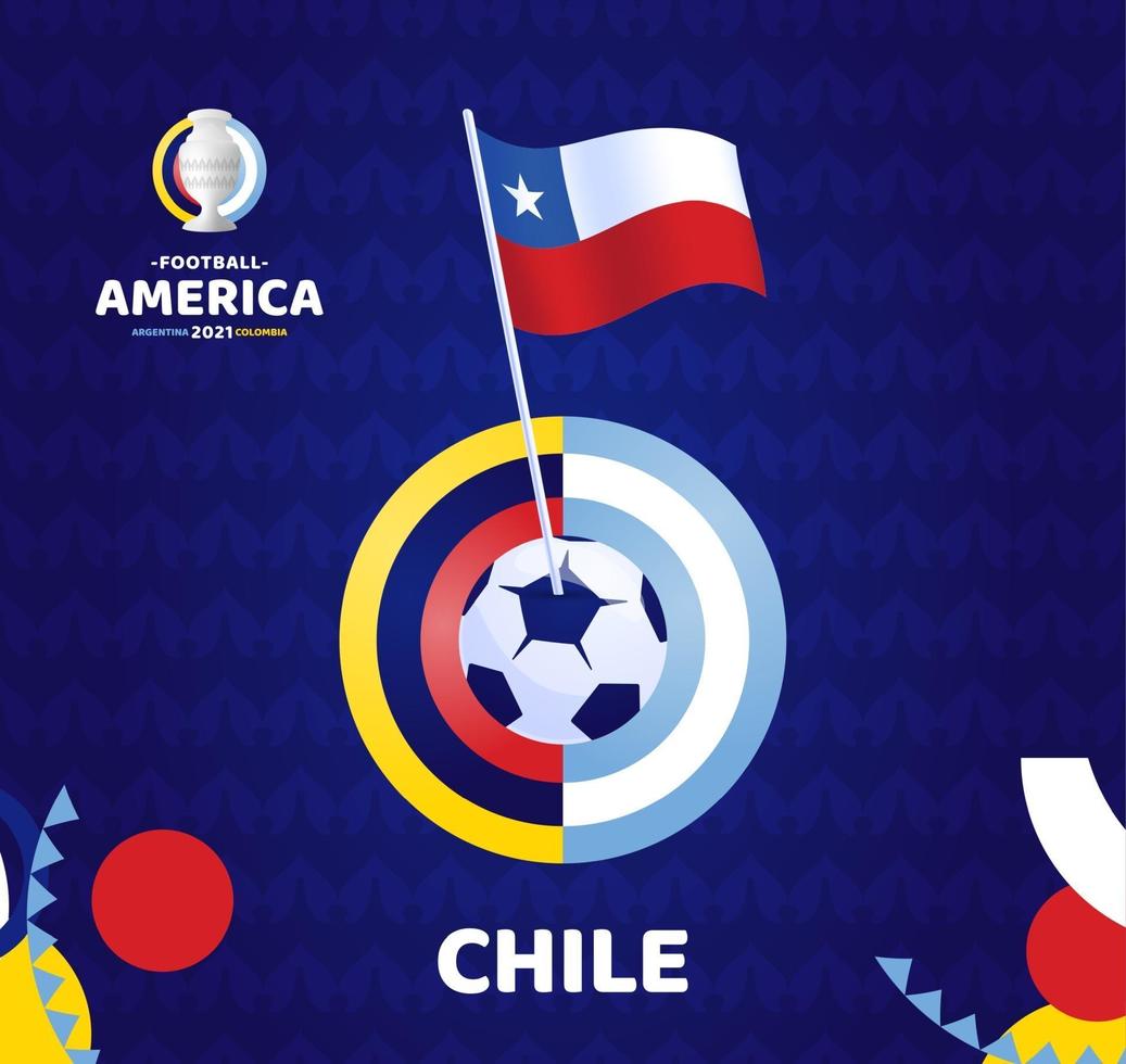 Chile wave flag on pole and soccer ball. South America Football 2021 Argentina Colombia vector illustration. Tournament pattern abckground