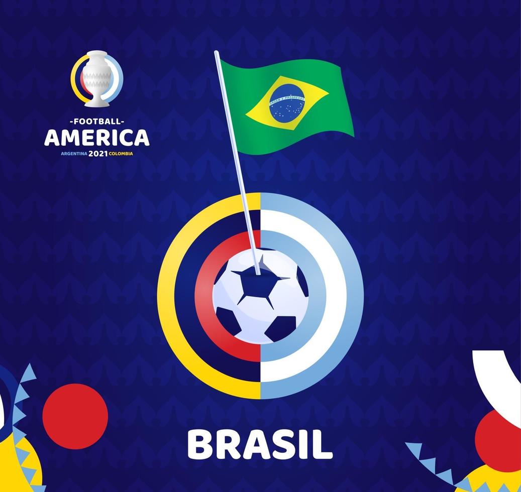 Brazil wave flag on pole and soccer ball. South America Football 2021 Argentina Colombia vector illustration. Tournament pattern abckground