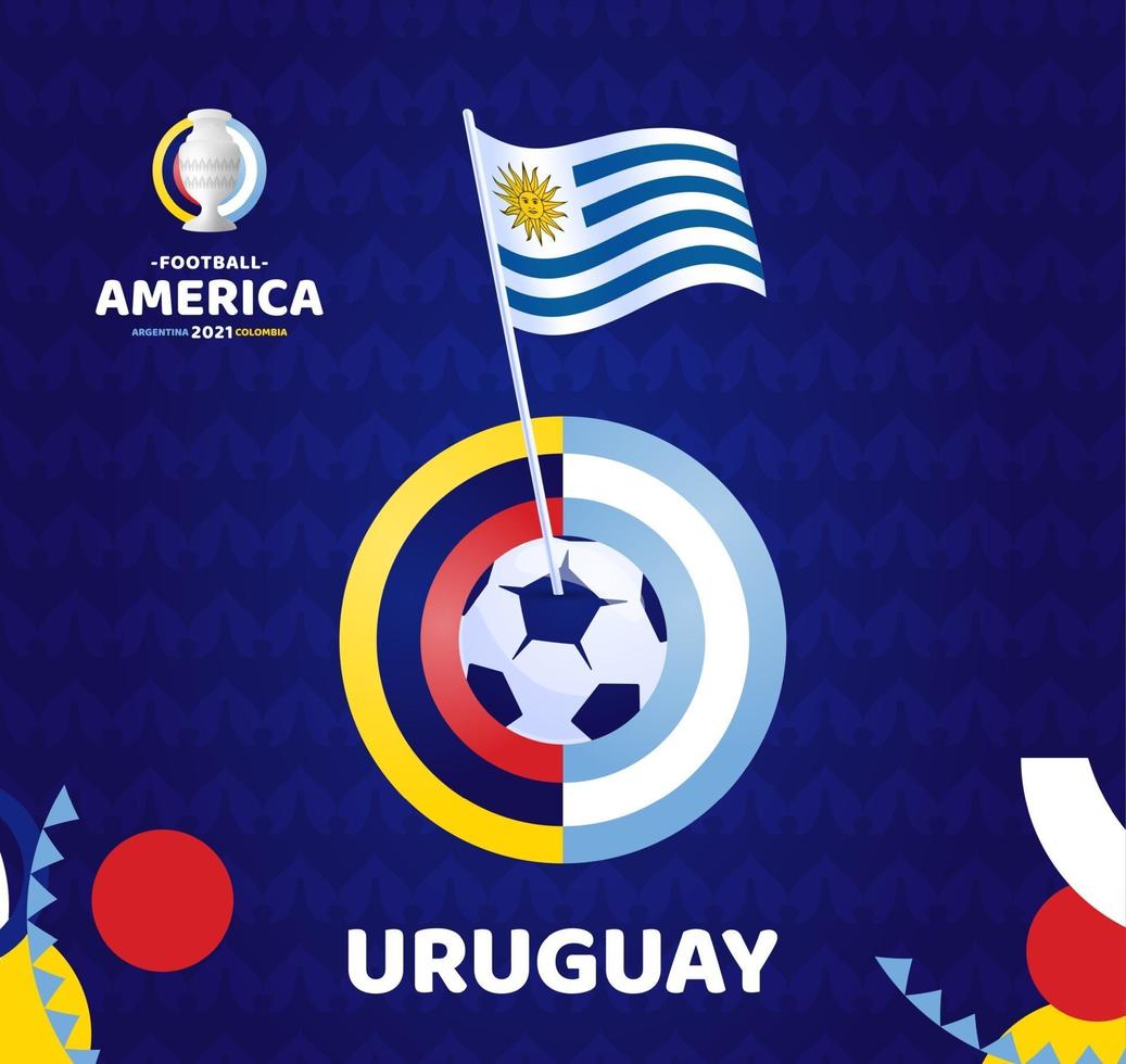 Uruguay wave flag on pole and soccer ball. South America Football 2021 Argentina Colombia vector illustration. Tournament pattern abckground