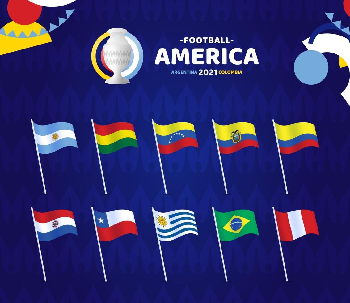 South America Football 2021 Argentina Colombia vector illustration. Set og wave flag on pole with championship logo