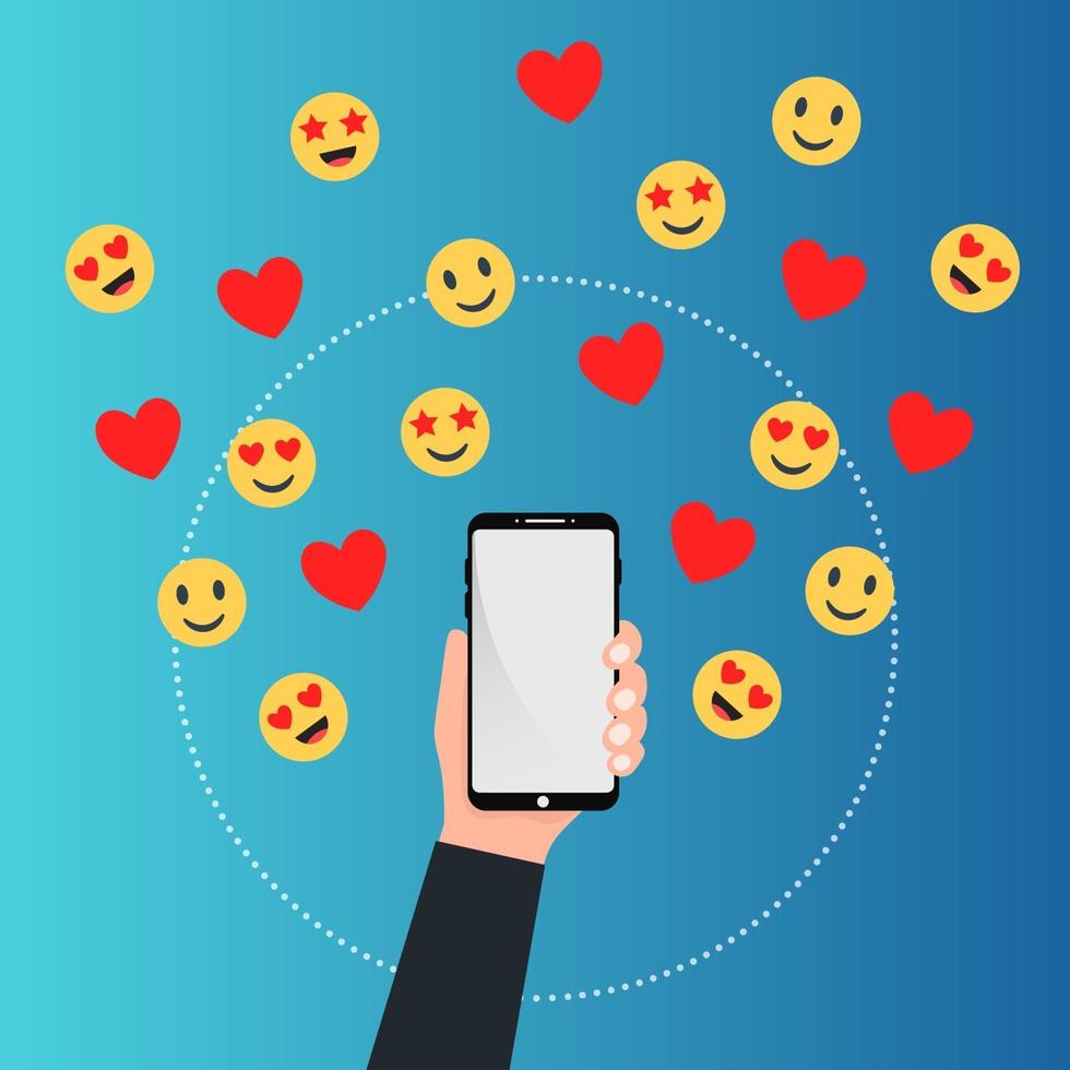 smartphone con mano y emojis. vector