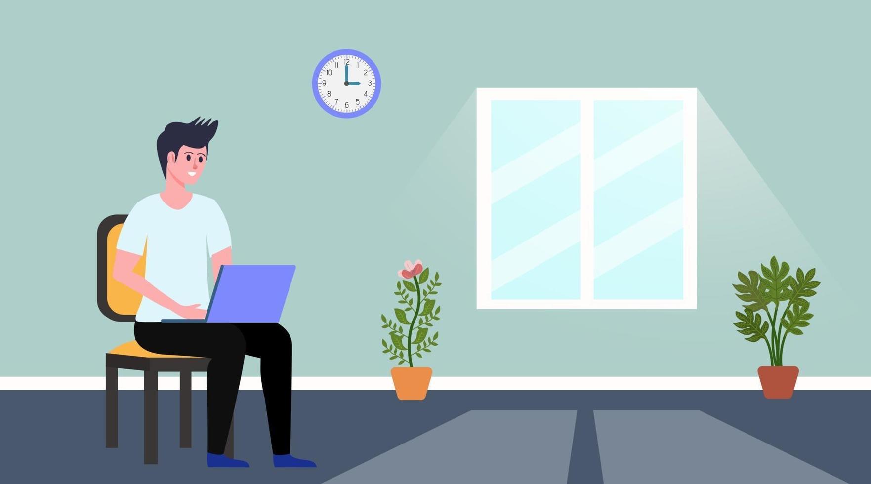 Man Using Laptop at Home While Sitting on Chair vector