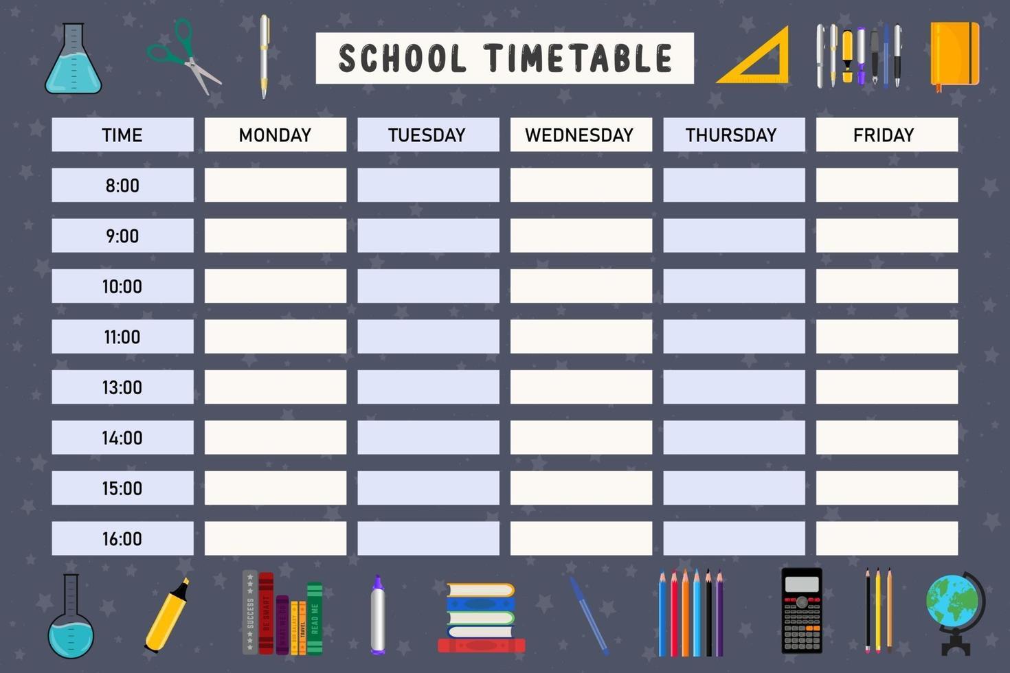horario de educación escolar con elementos escolares vector