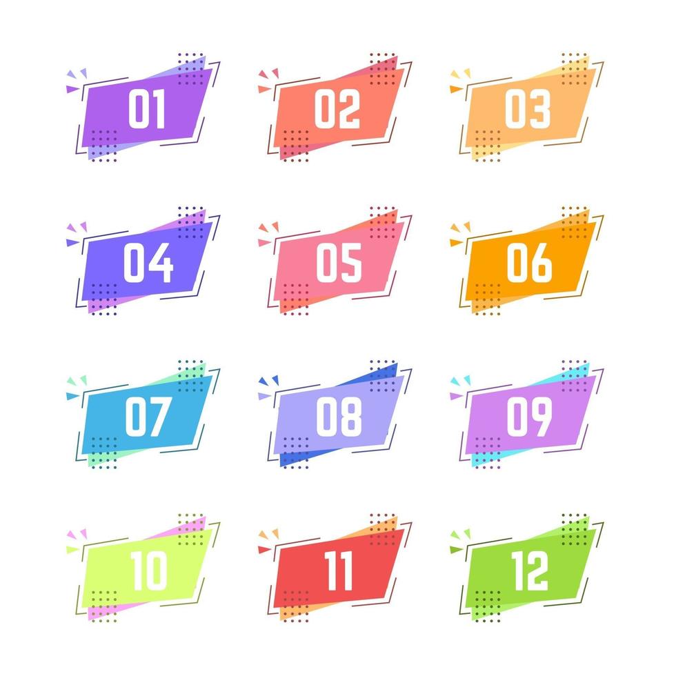 Colorful Geometric Rectangle Bullet Points From One to Twelve vector