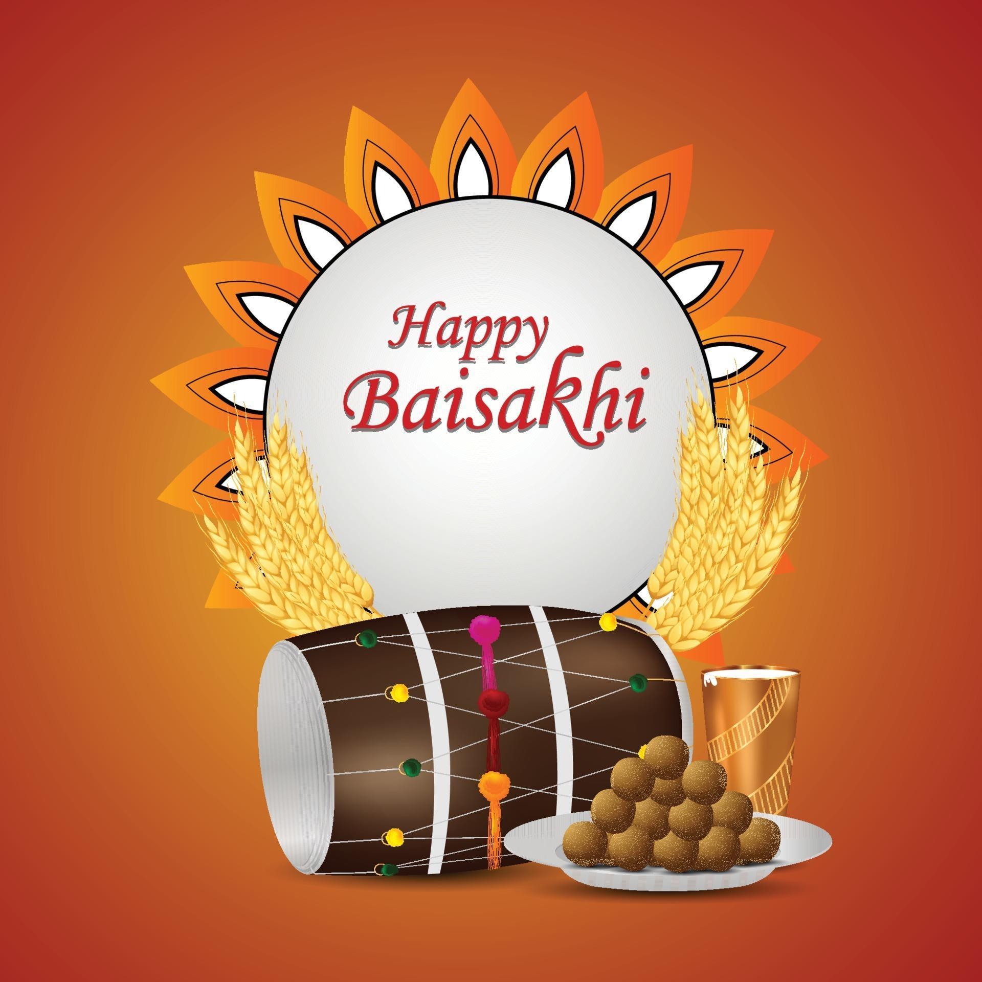 Happy vaisakhi greeting card with drum and sweets 2154388 Vector Art at