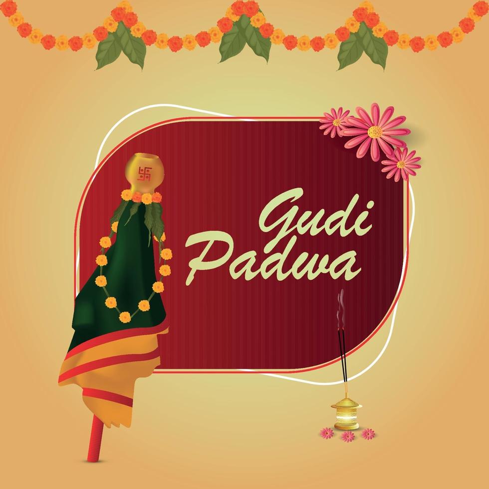 Gudi padwa celebration greeting card and background with traditional kalash vector