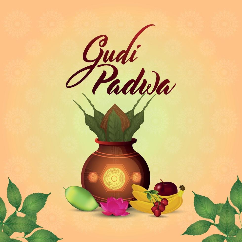 Gudi padwa celebration greeting card and background with traditional kalash vector