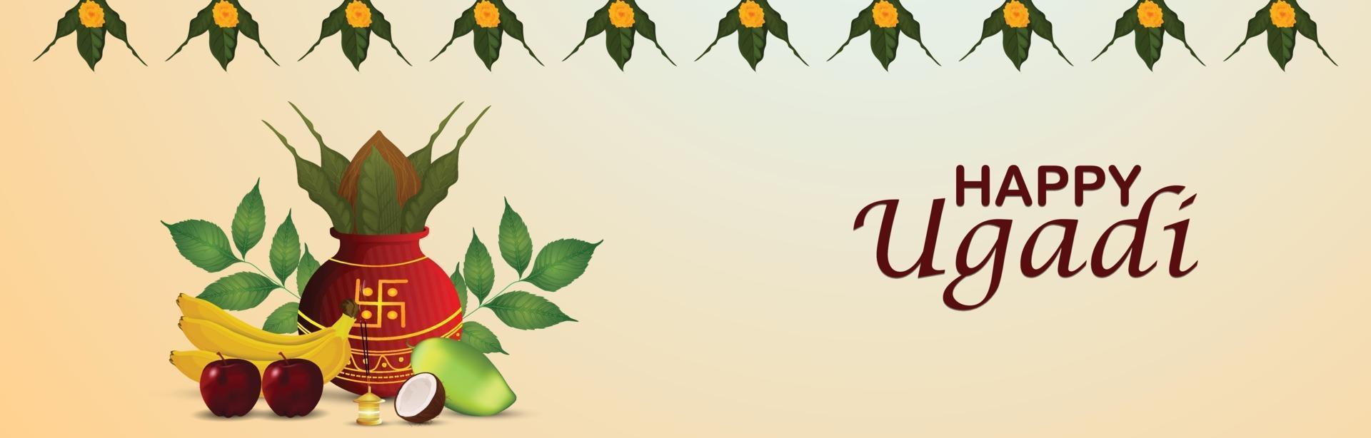 Happy gudi padwa celebration banner with realistic kalash vector