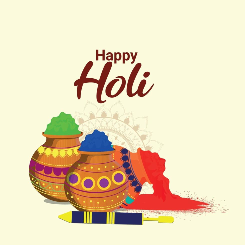 Happy holi celebration greeting card with mud color kalash vector