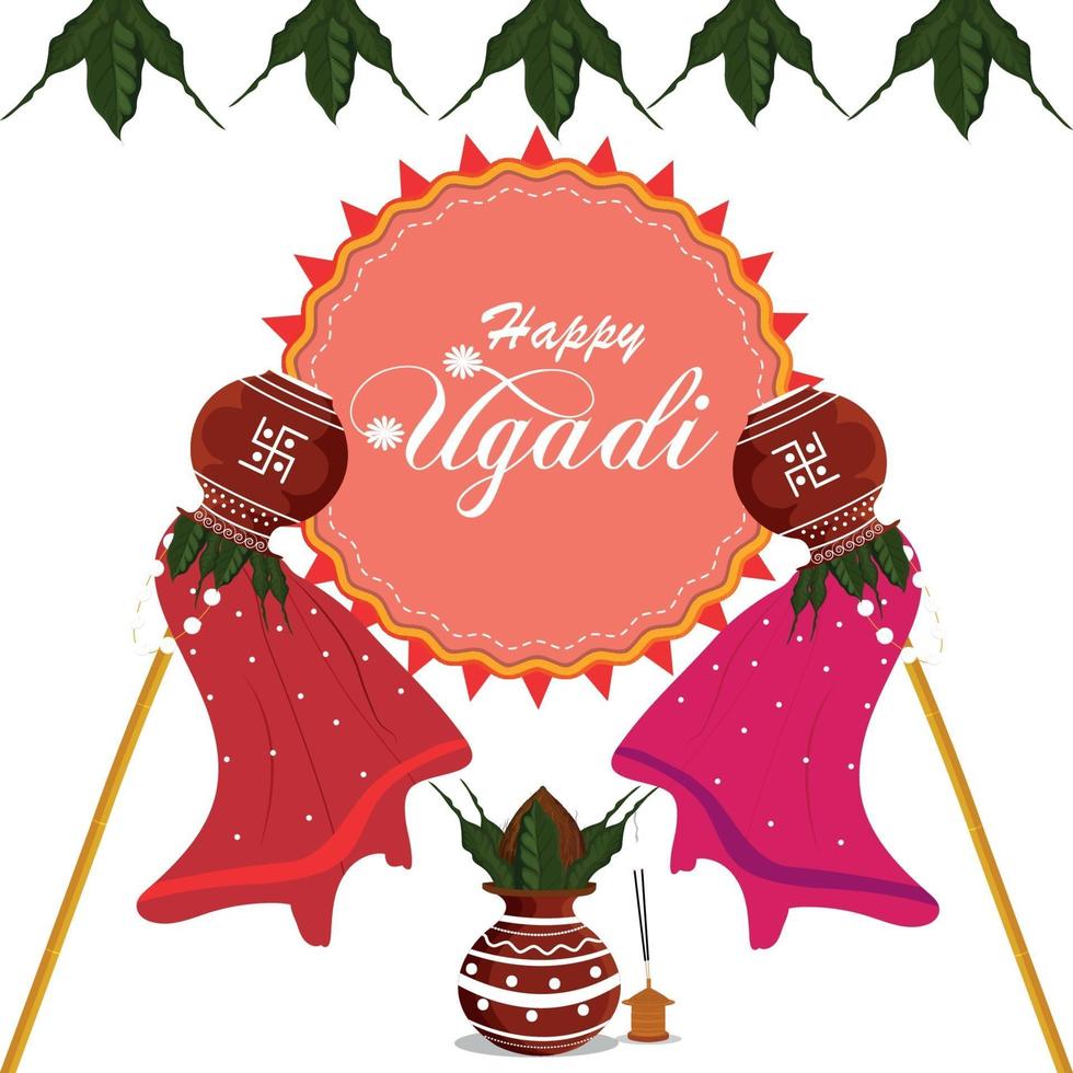 gudi padwa o tarjeta de felicitación feliz ugadi con kalash vector