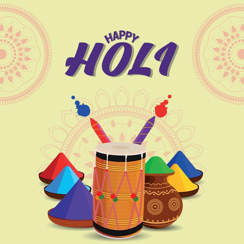 feliz celebración holi tarjeta de felicitación plana y fondo vector