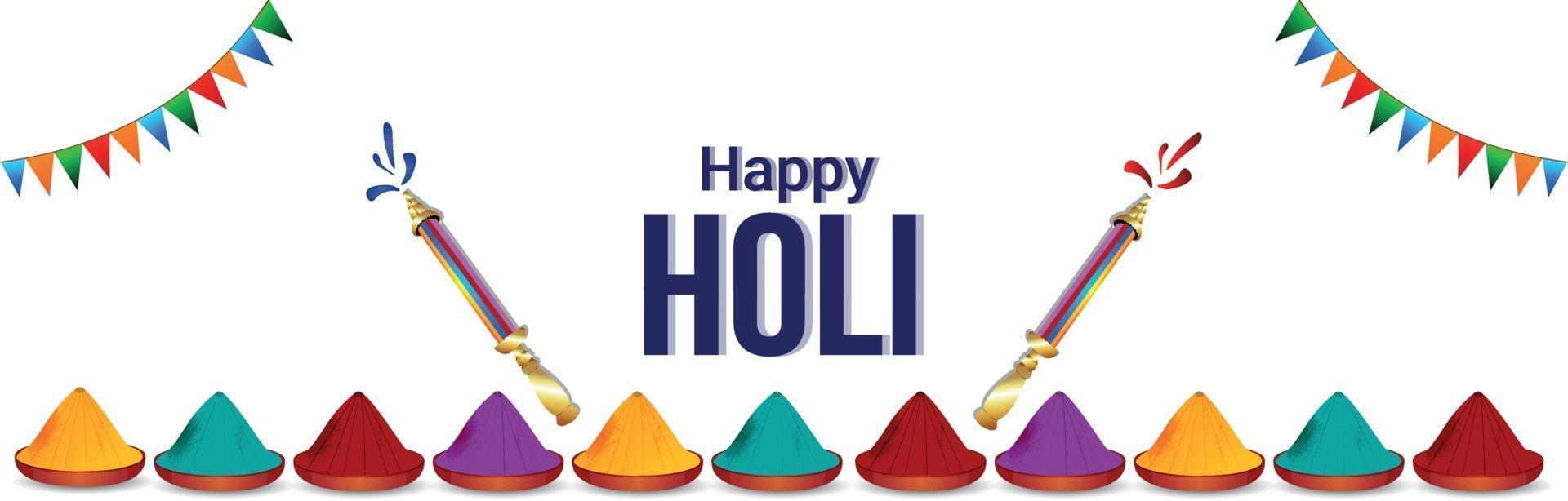 Happy holi indian festival greeting card or poster with color pot vector