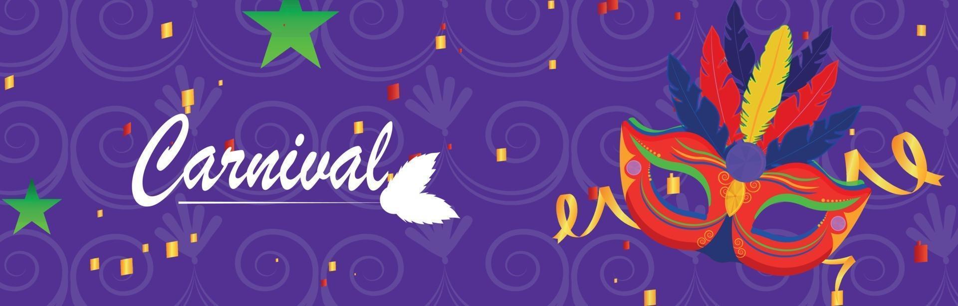 Tarjeta de felicitación de fiesta de carnaval con máscara sobre fondo morado o banner vector