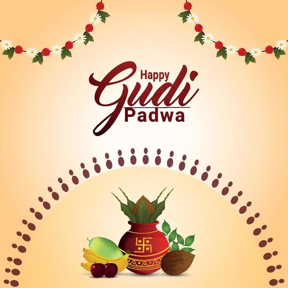 feliz tarjeta de felicitación de celebración de gudi padwa con kalash tradicional vector