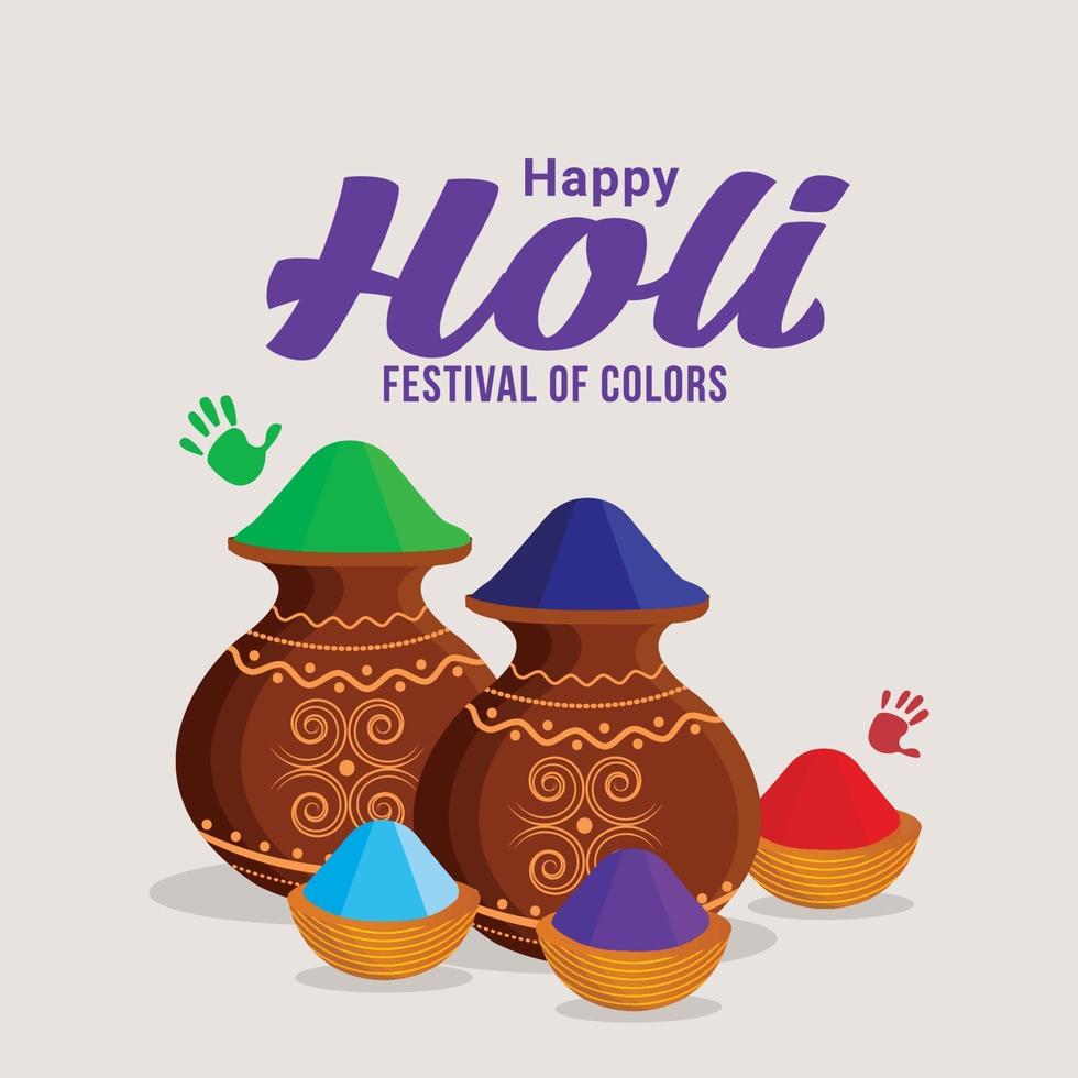 feliz festival colorido holi con olla de barro gulal y cuenco vector