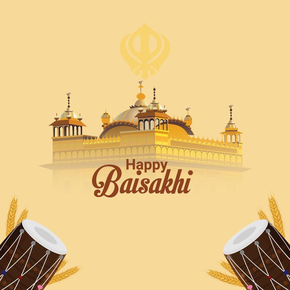 Happy vaisakhi creative illustration golden temple and drum vector