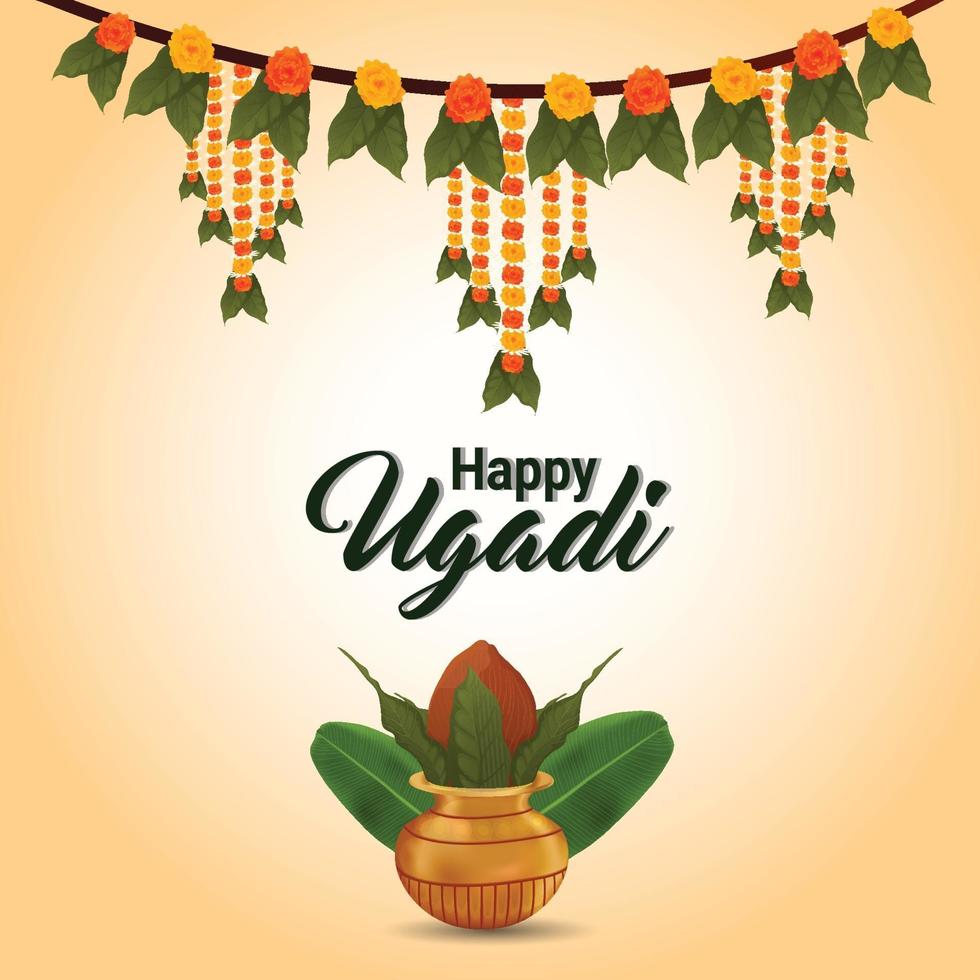 illustation de gudi padwa tarjeta de felicitación realista con kalash tradicional vector