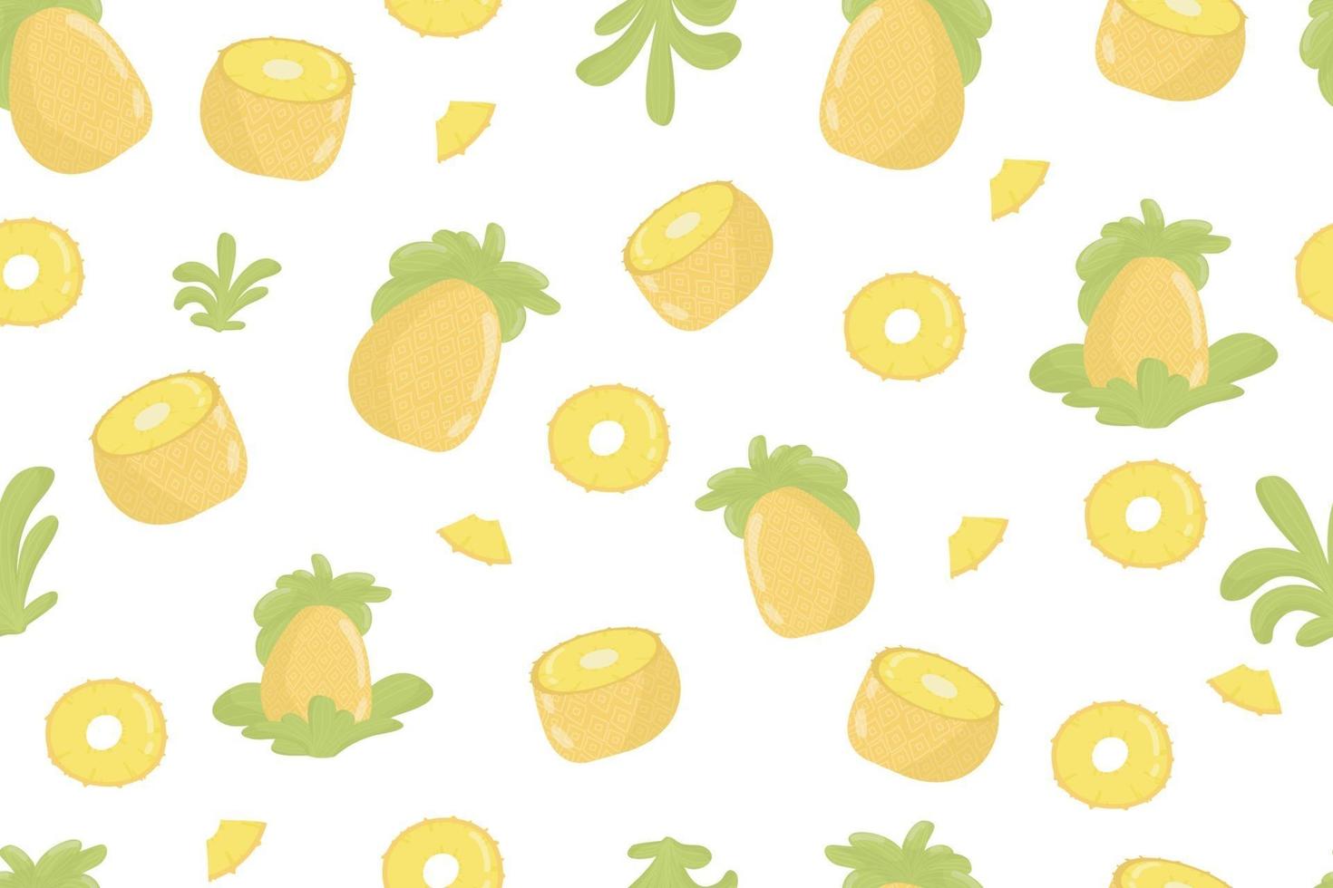 pineapple fruit fresh seamless pattern. Pineapples and leaves on yellow seamless pattern. Modern tropical exotic fruit design for wrapping paper, textile, banner, web, app. Bright juicy yellow pineapple fruits and soft green leaves vector