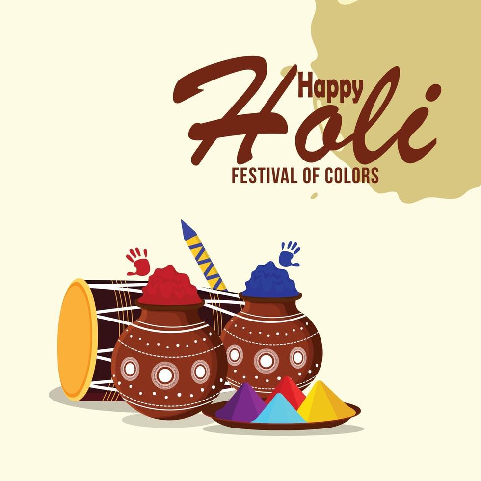 feliz festival holi de color con coloridos gulal y dhol vector