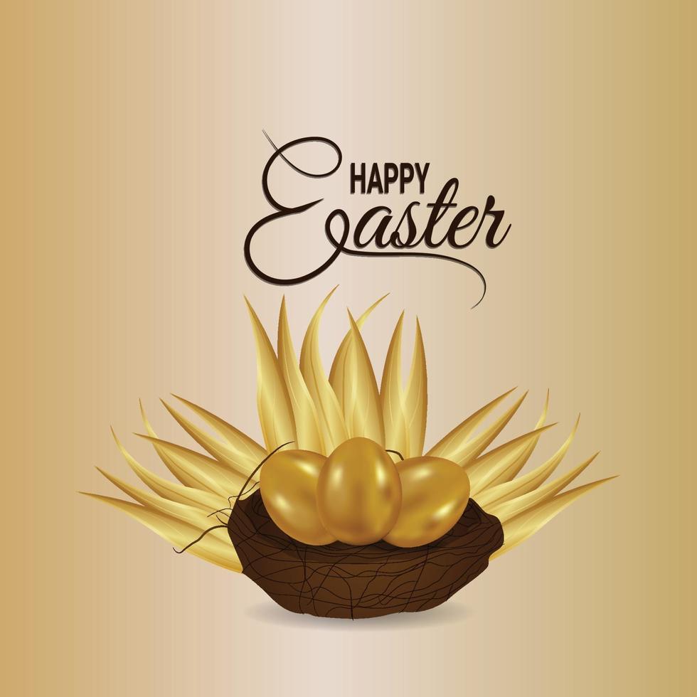 Ilustración de feliz pascua con huevo de oro realista con nido vector