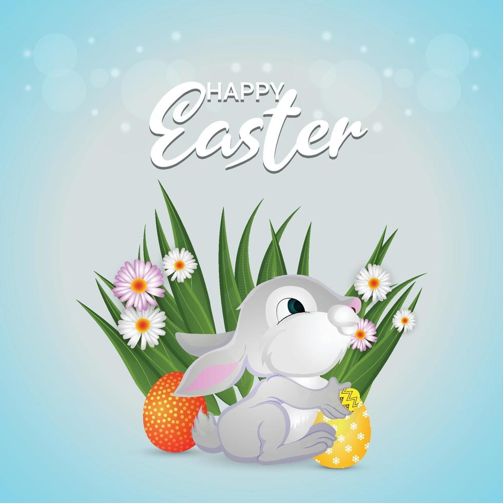 Painted easter eggs and bunny with green grass and background vector