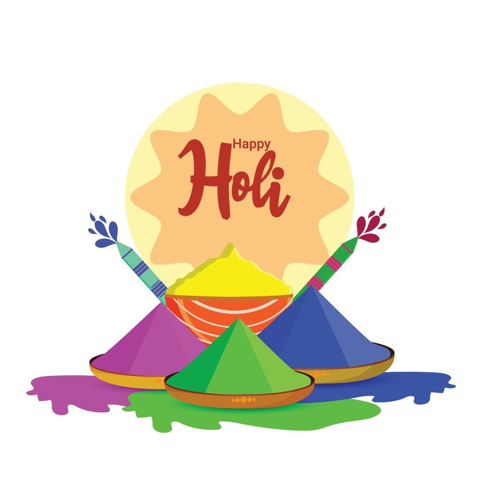 Happy holi flat design concept with colorful gulal and colorgun vector