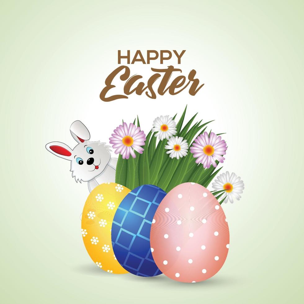 Easter day greeting card with colorful painted egg and cute bunny vector