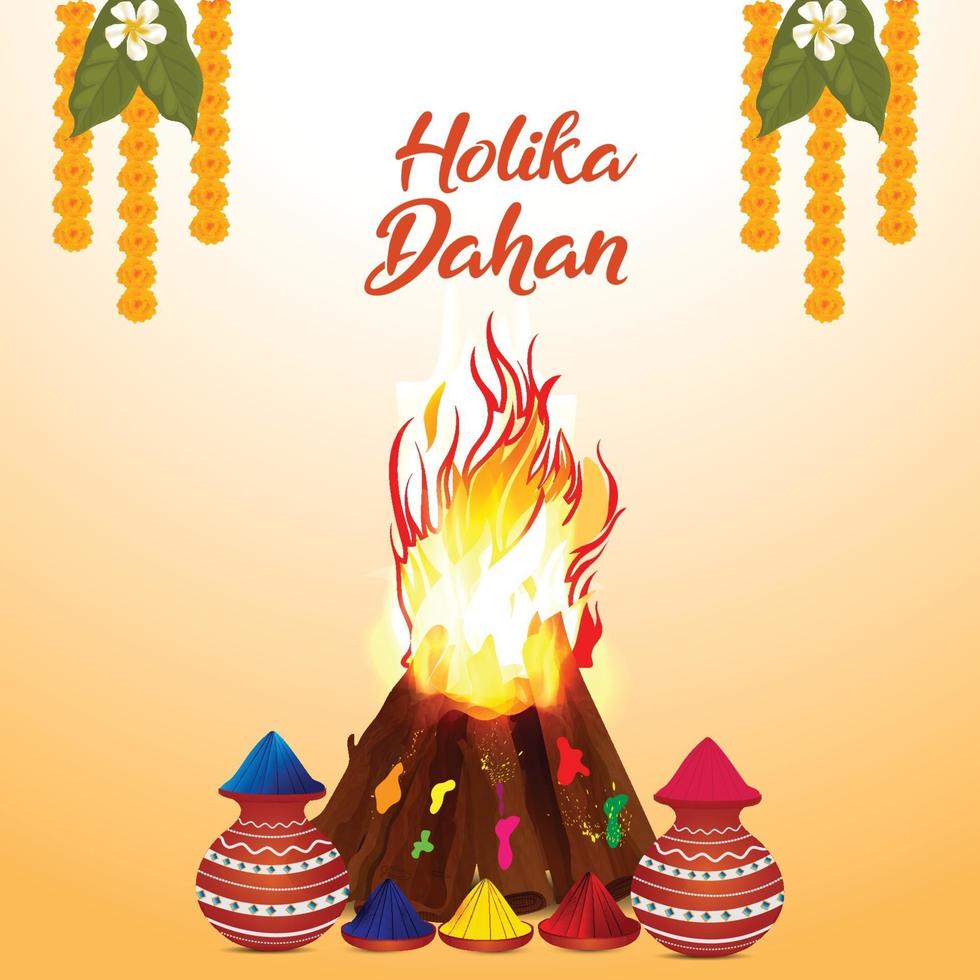 Holika dehan realistic color mud pot with realistic bonefire vector