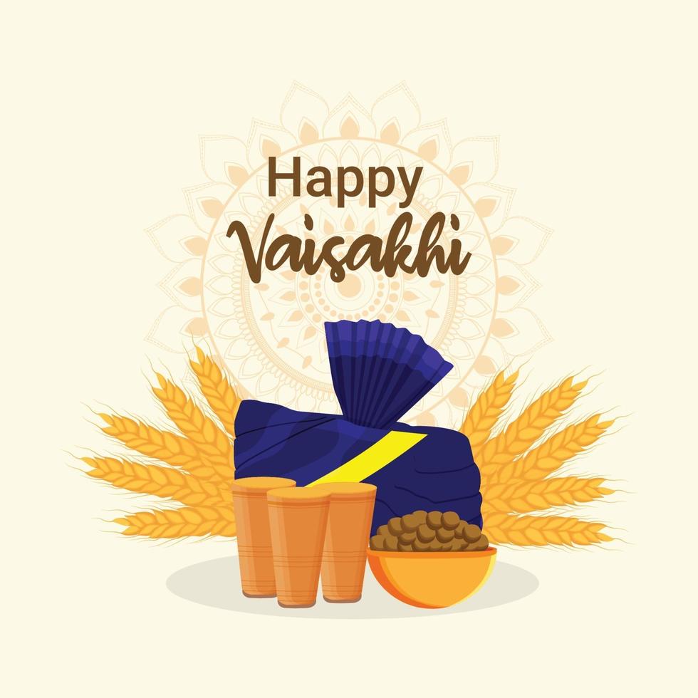 Sikh festival happy vaisakhi greeting card and background with creative flat elements vector