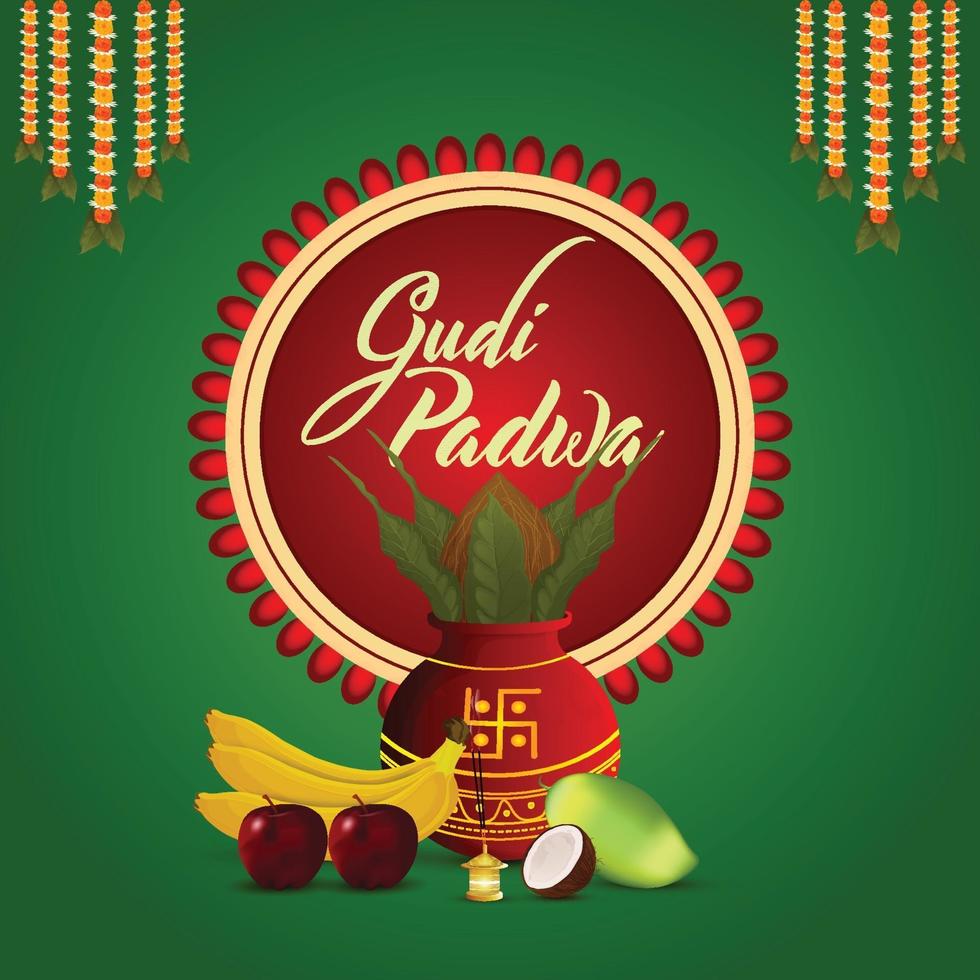 Realistic gudi padwa traditional kalash with fruits and background vector