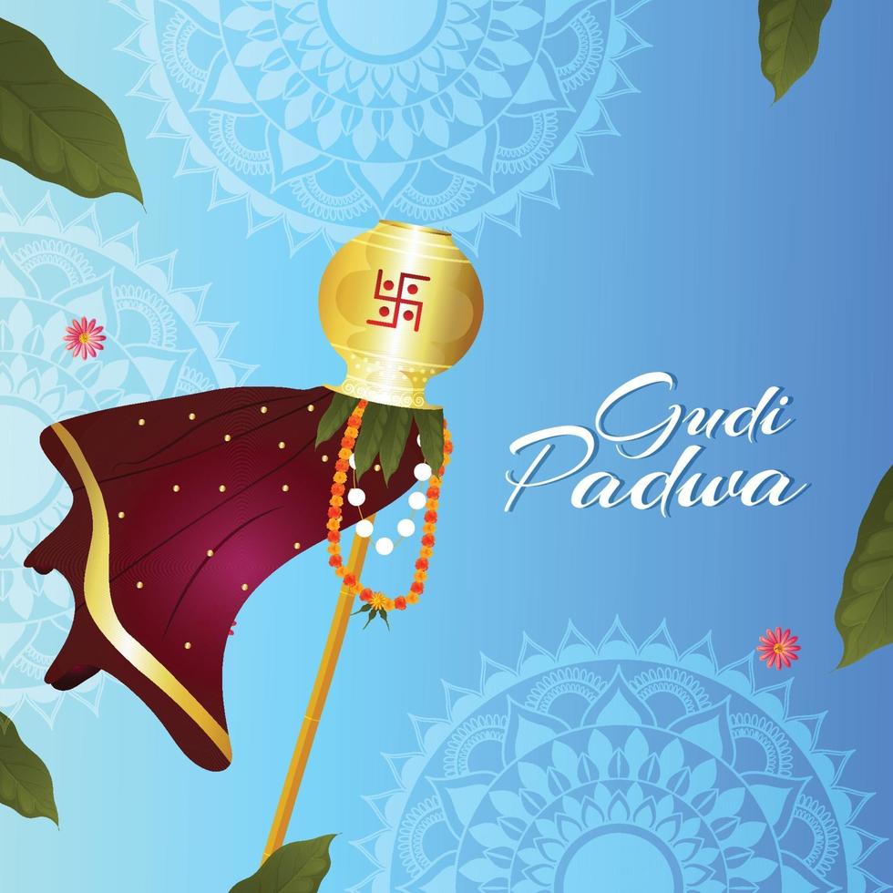 Happy gudi padwa greeting card and background with traditional bamboo and kalash vector