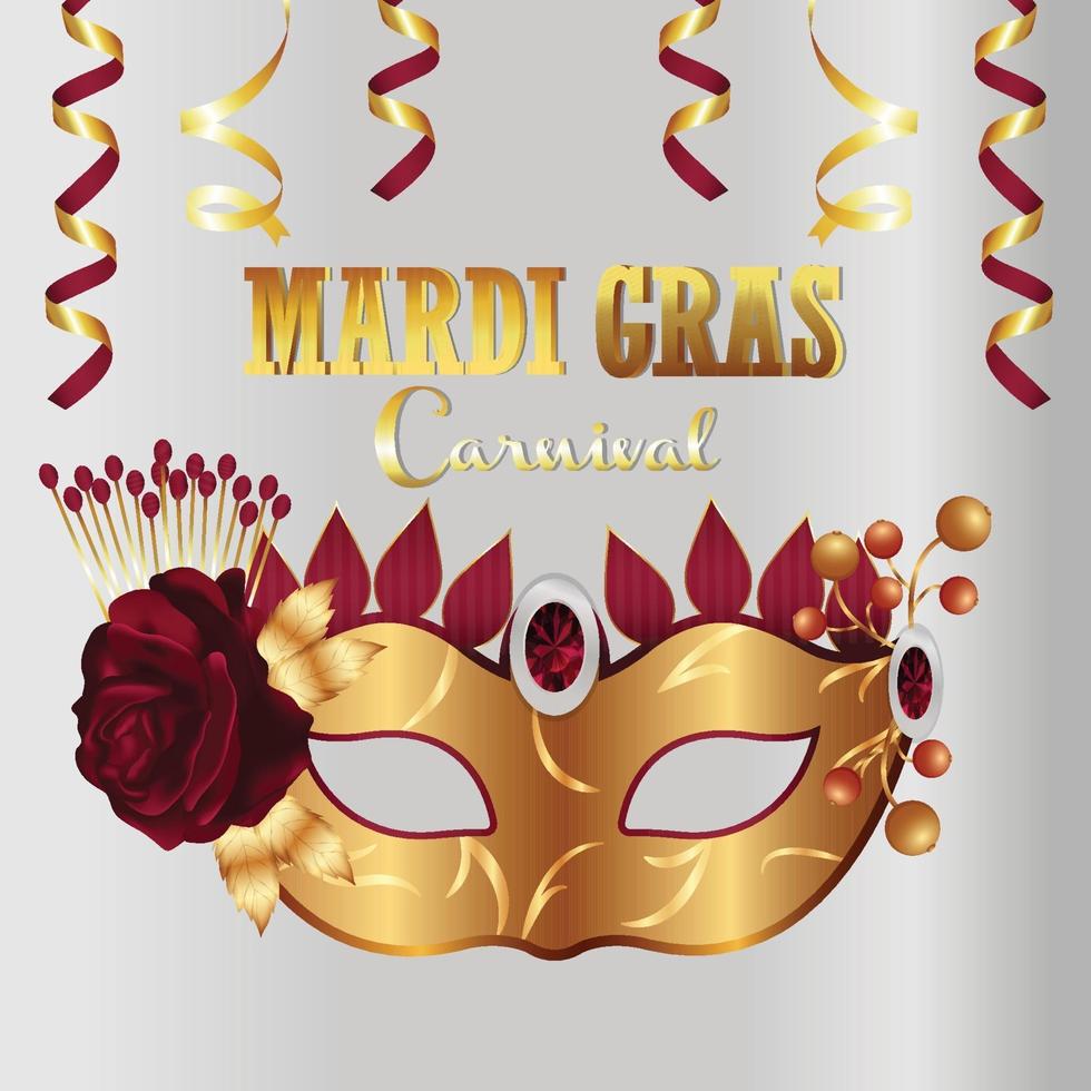 Tarjeta de felicitación de carnaval con máscara dorada sobre fondo morado vector