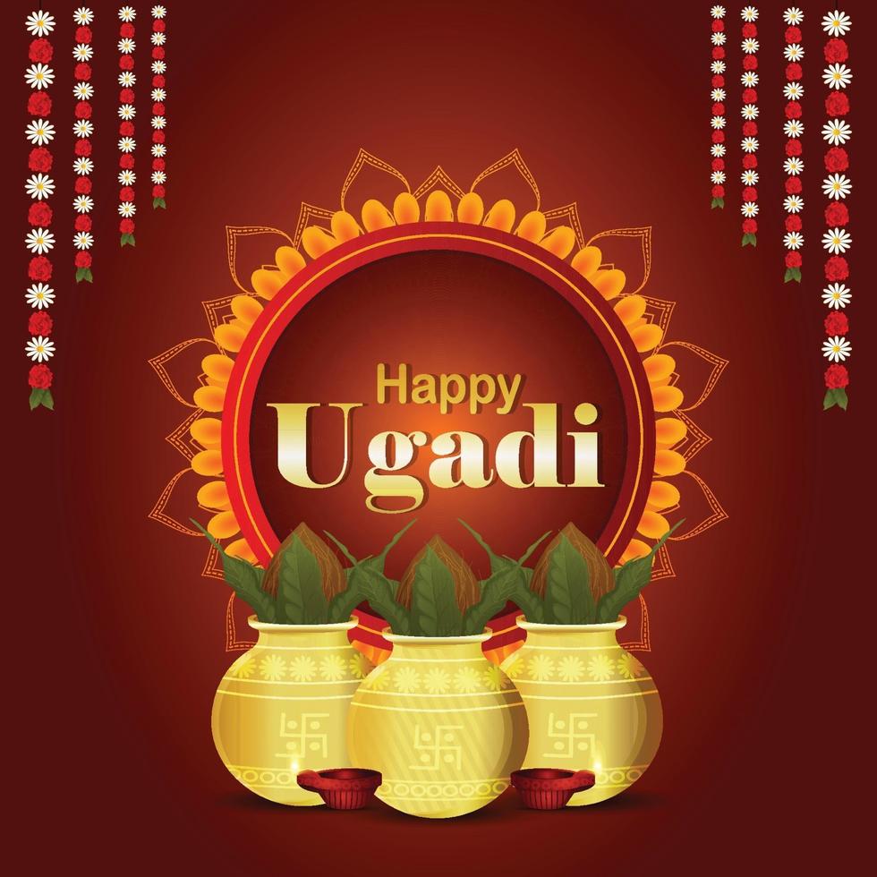 Happy ugadi greeting card with realistic kalash vector