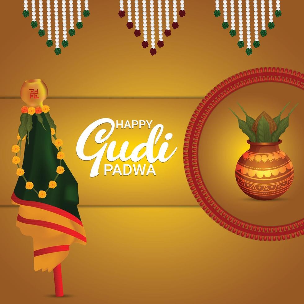 Happy gudi padwa celebration background with realistic kalash vector