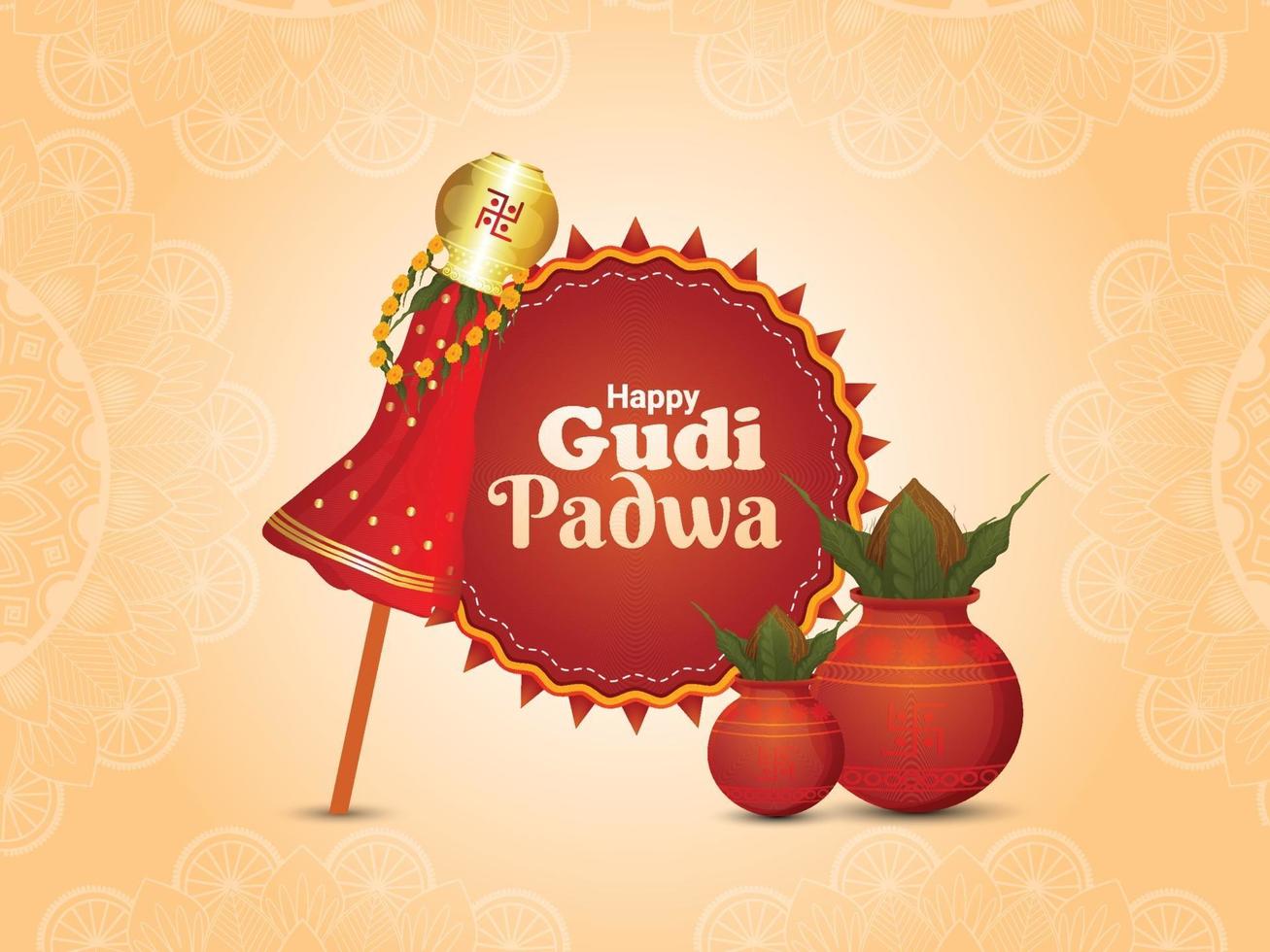 banner creativo o tarjeta de felicitación de gudi padwa con kalash realista vector