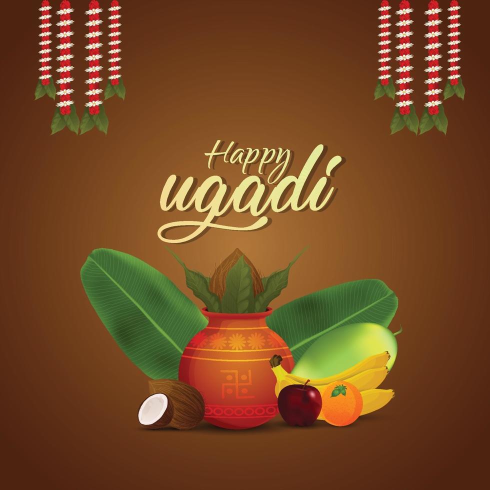 Fondo de celebración feliz ugadi con kalash creativo y frutas vector