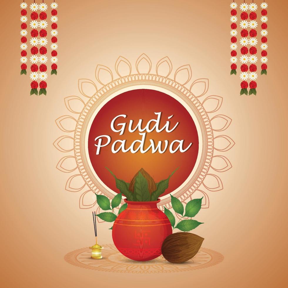 Hapy gudi padwa celebration greeting card with creative kalash vector