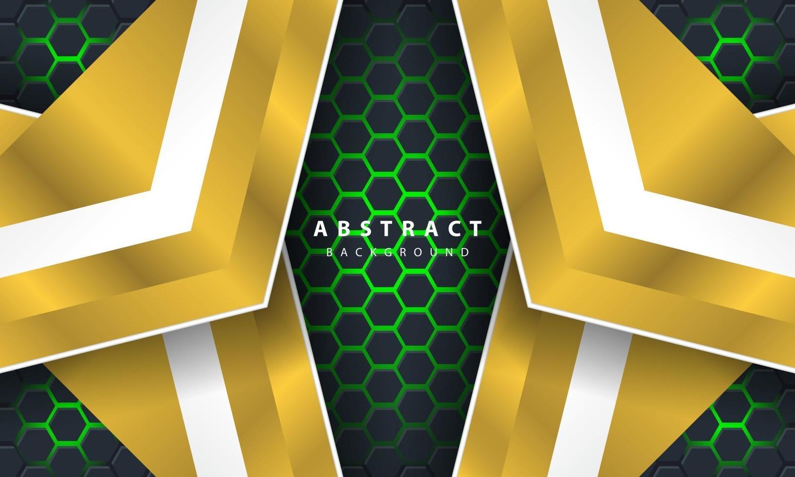 3D abstract green light hexagonal background with gold and white frame shapes. vector