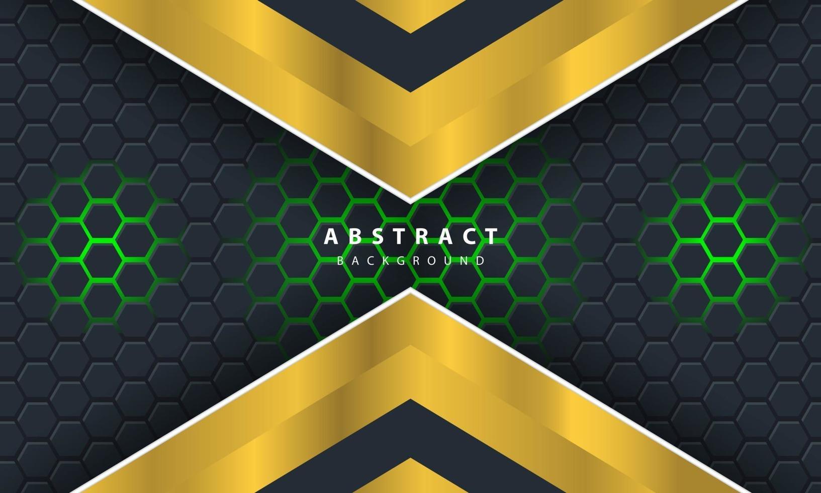 3D abstract green light hexagonal background with gold and white frame shapes. vector