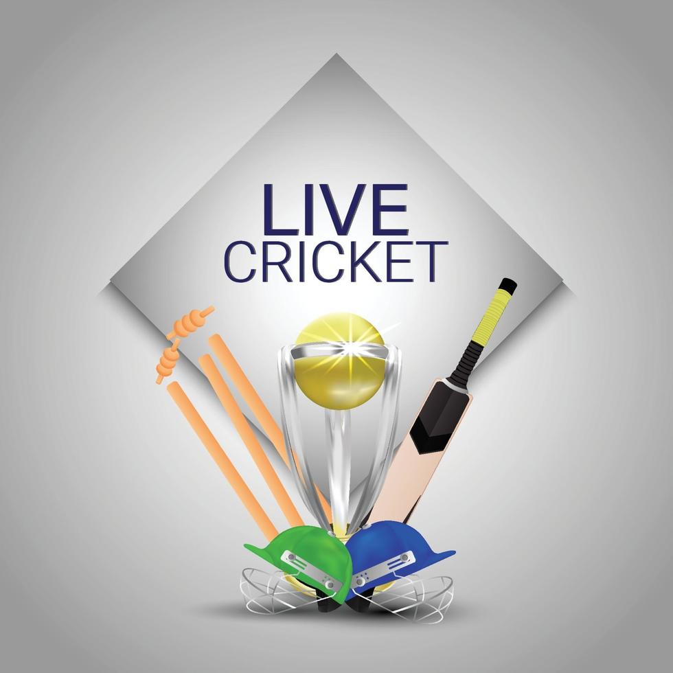 Campeonato de cricket en vivo con wicket con trofeo de oro y casco. vector