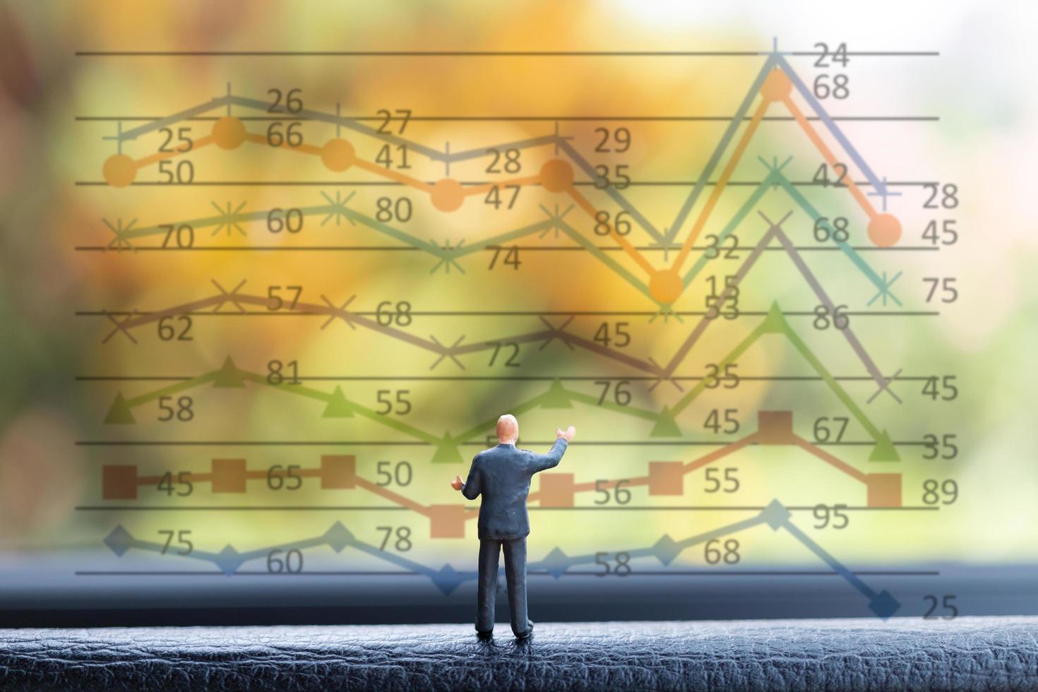 Miniature businessman standing in front of a graph chart background photo