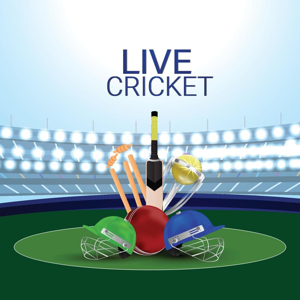 Live cricket stadium background with cricket equipment vector