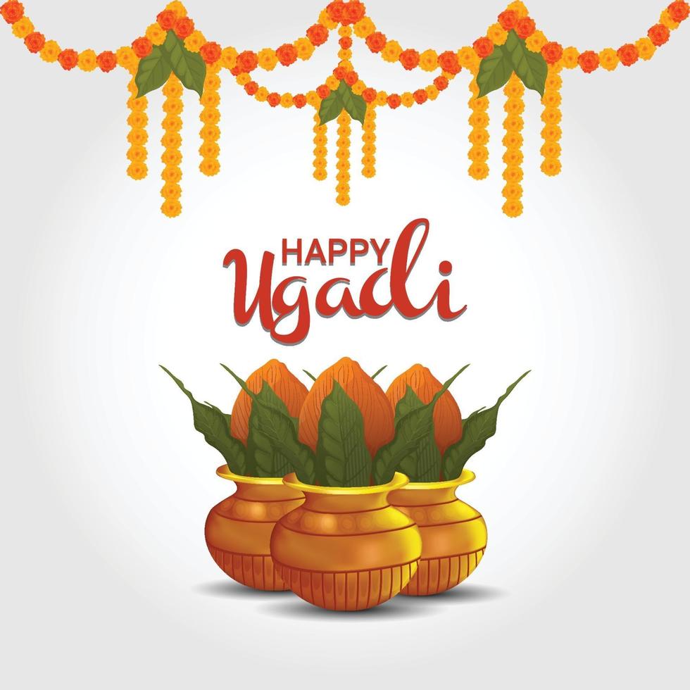 feliz tarjeta de felicitación de ugadi, fiesta india tradicional kalsh y fondo vector