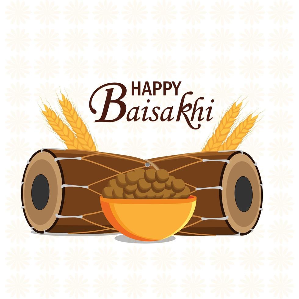 concepto de diseño plano feliz baisakhi con dhol y trigo vector