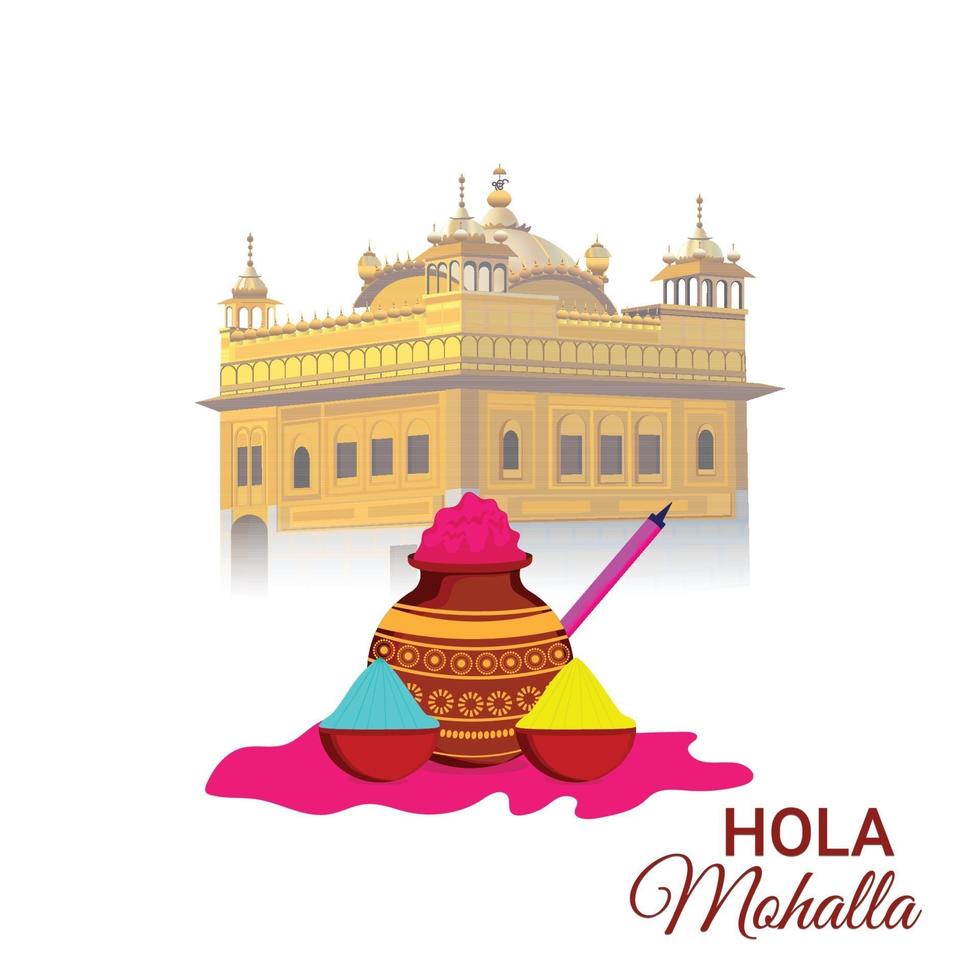 Happy holi illustration with golden tample and color bucket vector