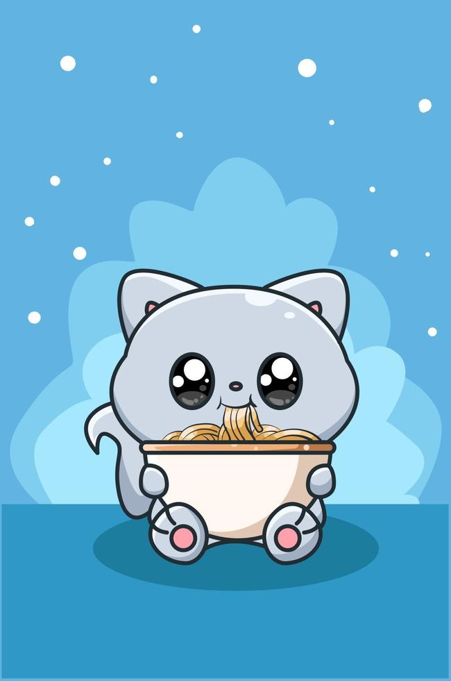 cute and happy cat eating noodle animal cartoon illustration vector