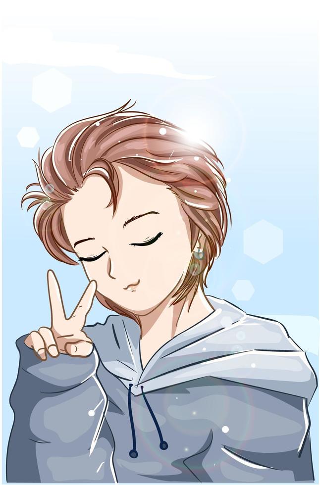 cute boy with brown hair and blue jacket cartoon illustration vector