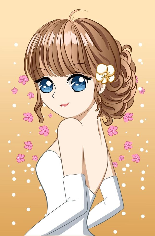 hermosa y feliz niña con vestido de novia de dibujos animados vector